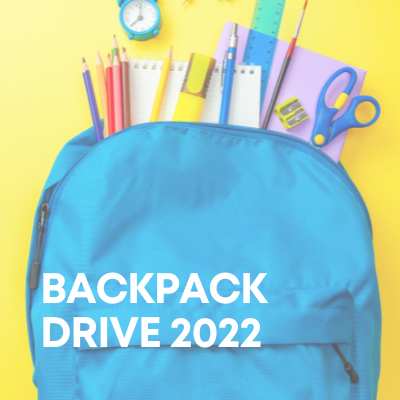 A square image has the heading "Backpack Drive 2022" in white with a background image of a yellow surface under an abundance of school supplies, essential accessories to kids' learning. They are held by a sky-blue new backpack.