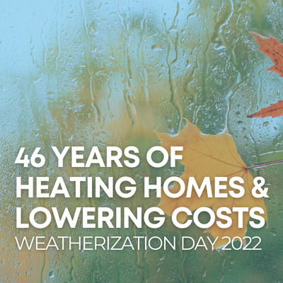 Headline: 46 Years of Heating Homes and Lowering Costs over an image of a rainy window pane with fall leaves pressed against it.