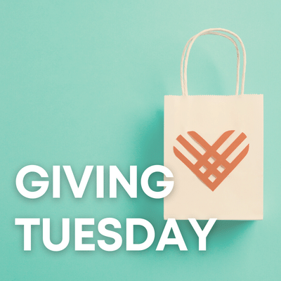Square image that says "Giving Tuesday" in front of a teal background with a gift bag decorated with the event's heart logo