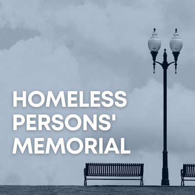 Square image with the headline "Homeless Persons' Memorial" in front of a gray-hued background of benches facing out into a stormy sky