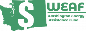 Green logo with heading "WEAF," subheading "Washington Energy Assistance Fund" and a graphic of a map of the united states with a dollar sign cut out of the length of it