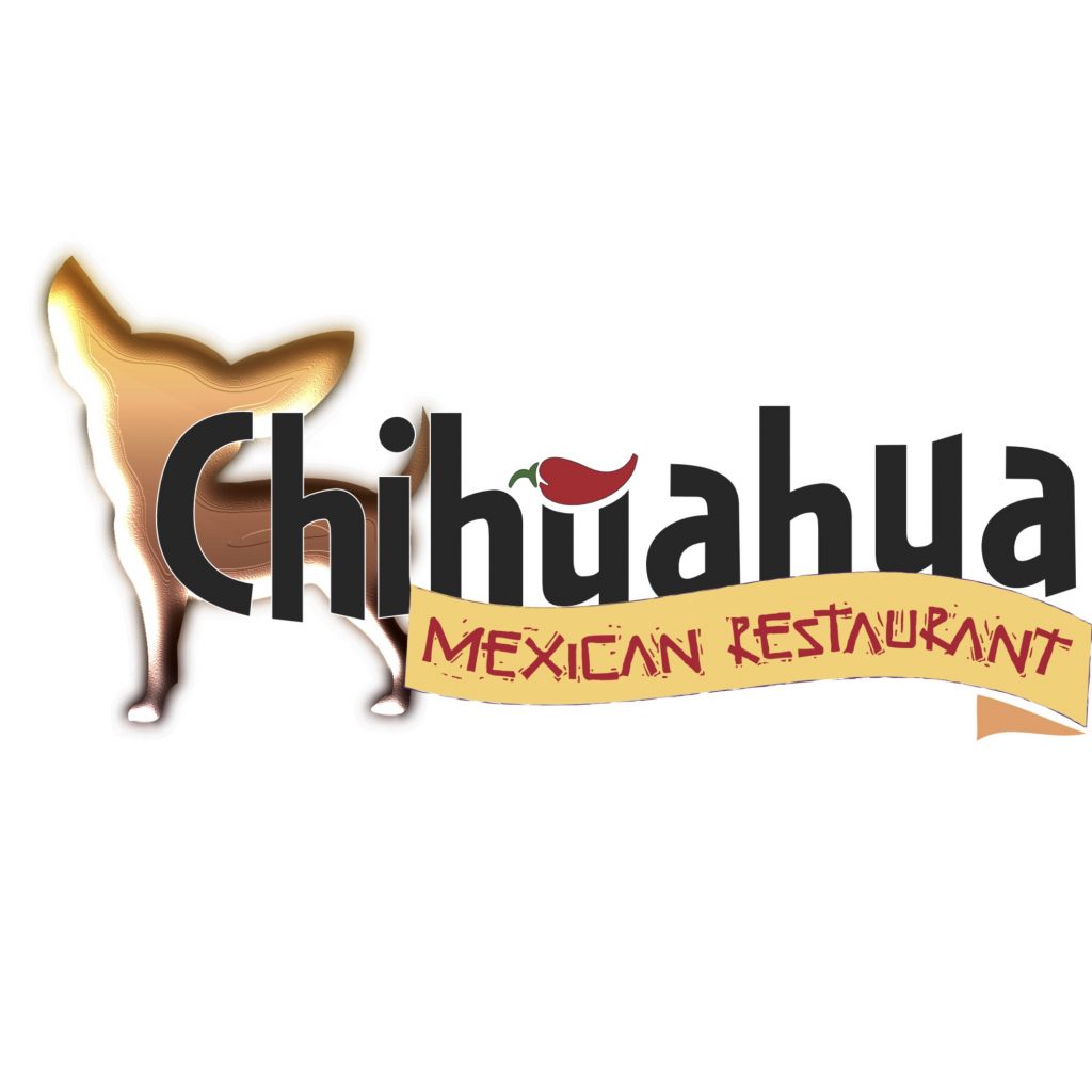 Logo saying "Chihuahua Mexican Restaurant," with a red pepper at the top of "Chihuahua," the outline of a Chihuahua dog behind, and the subheading on a banner.