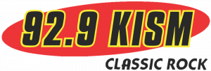Logo with heading in black with bright yellow border saying "92.9 KISM" over a red oval, and subtitle "Classic Rock."