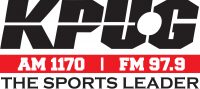 Red and black on white bold logo with heading "KPUG" and subheadings "AM 1170, FM 97.9" and "The Sports Leader."