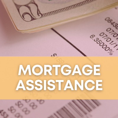 Square image proclaiming "Mortgage Assistance" on a gold banner over a pink-tinged background of an accounting document with a stack of bills at the edge.