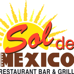 Logo text saying "Sol de Mexico" with the subheading "Restaurant Bar & Grill" with a sun graphic behind the cursive "Sol."