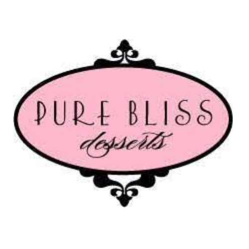 Pink oval Pure Bliss Desserts logo in a French decorative style