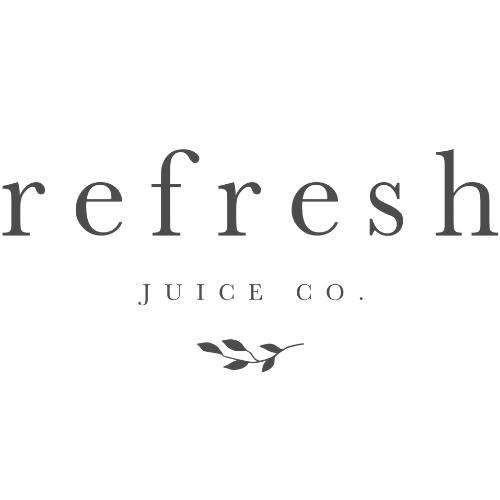 Logo that reads "refresh juice co." with a small trailing leaves motif underneath.