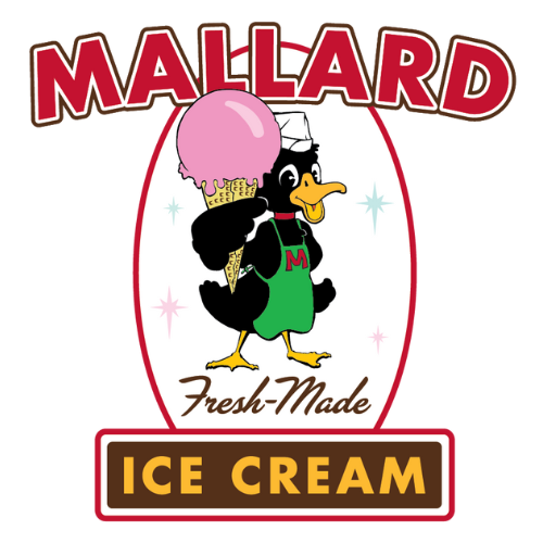Logo for Mallard Fresh-Made Ice Cream depicting a duck in apron and cap holding a cone of pink ice cream