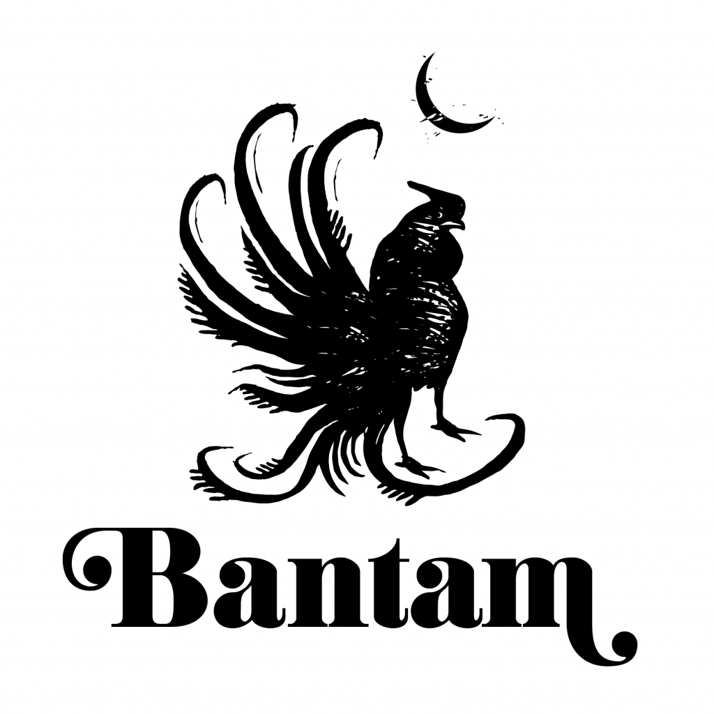 Black on white logo that says "Bantam" under graphic of a rooster under a crescent moon