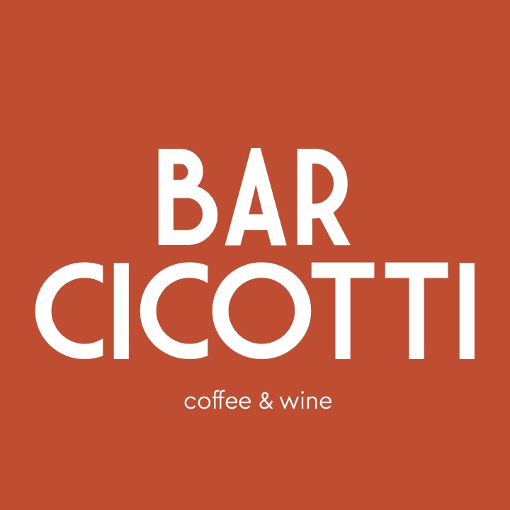 Logo on a brick-colored background that says BAR CICOTTI coffee & wine