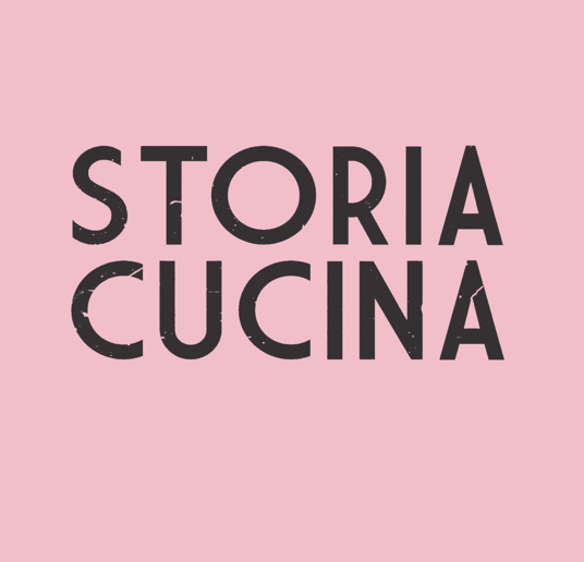 Logo that says "STORIA CUCINA" in rustic font with a powder-pink background