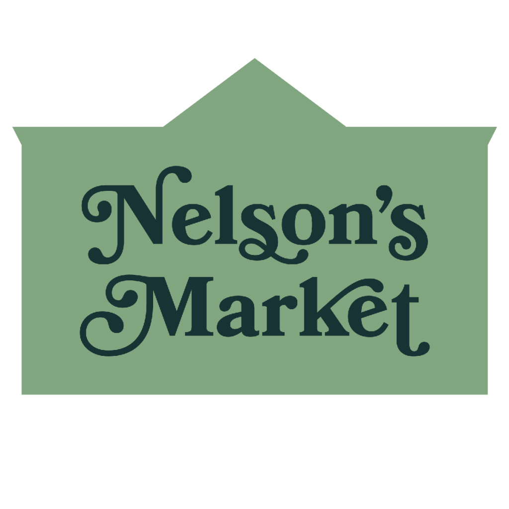 Logo with a background shape like a traditional storefront in a sage green color, with forest green swirling text that says "Nelson's Market"