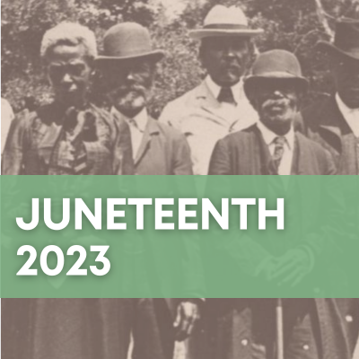 People dressed formally stand at a Juneteenth celebration in the background. A mint-colored banner with white text proclaims "Juneteenth 2023."