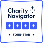 White square with a blue outline four blue stars against a white background. Black text that reads: Charity Navigator +Four-Star+