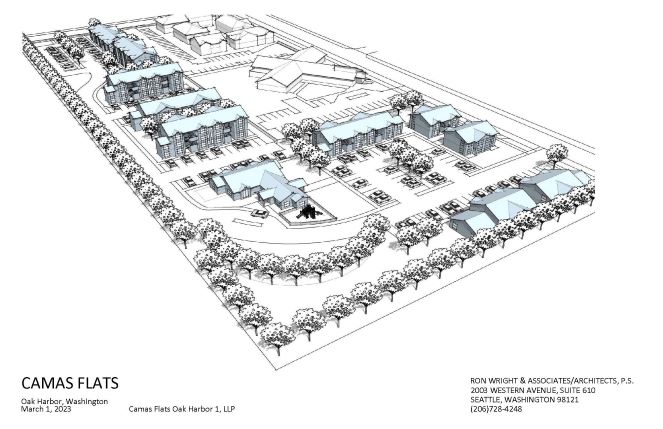 A blueprint shows a development project bordered by trees, which contains apartments, a cross-shaped community building, and more.