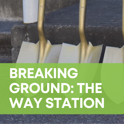 Three golden shovels against concrete stairs form a background to a lime-green banner with white text that says "Breaking Ground: The Way Station"