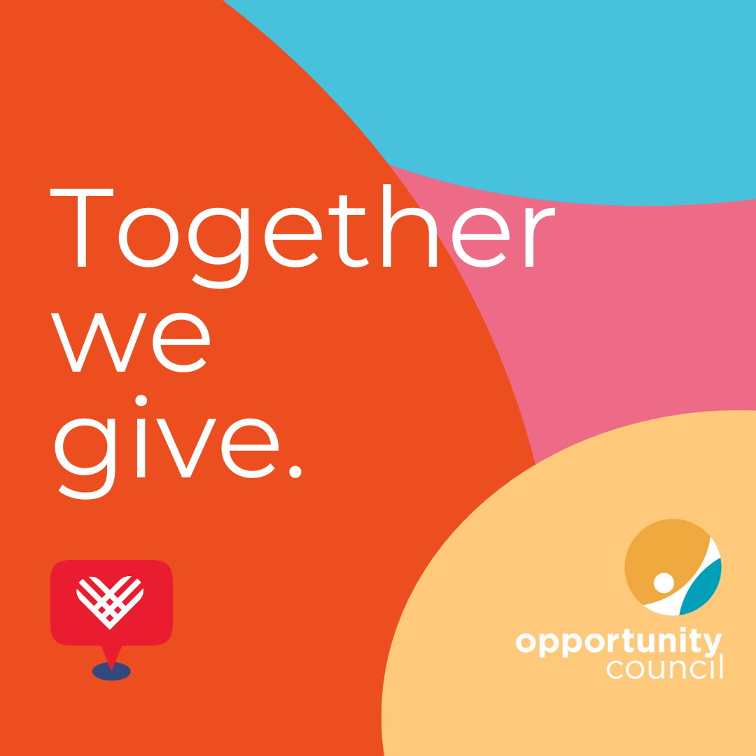 Abstract image with orange, pink and teal circular shapes and the Opportunity Council logo. White text that reads "Together we give"