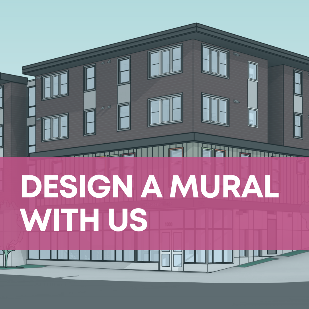 A rendering of an apartment building with a business space below one wing. Over it is a magenta banner with the text "Design a mural with us."