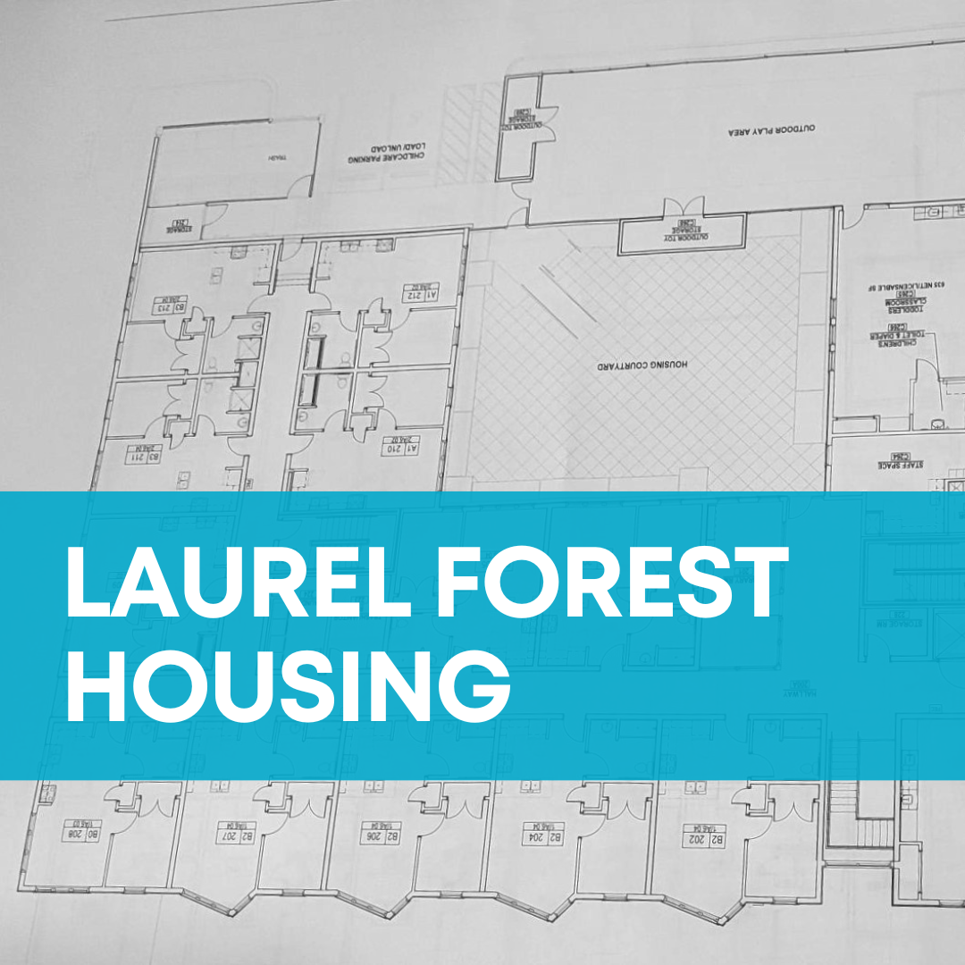 A square thumbnail image with an architectural drawing behind a teal banner with white text that says "Laurel Forest Housing."