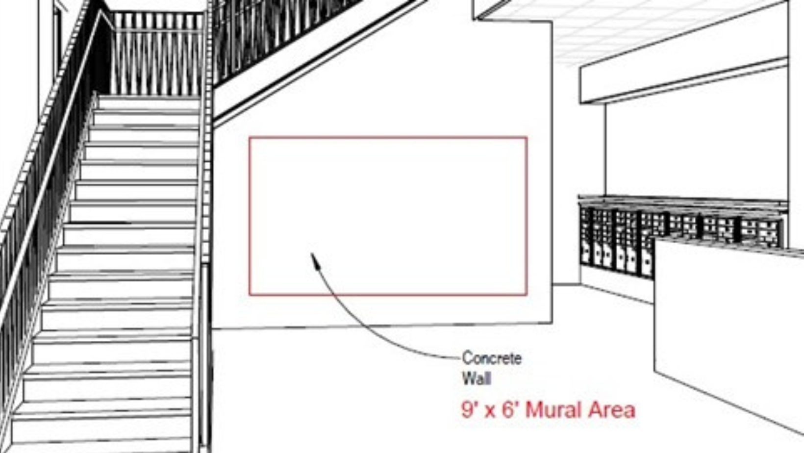 A sketch shows a room with stairs on the left and a wall at the back with a red rectangle labeled "Concrete Wall: 9' x 6' Mural Area'.