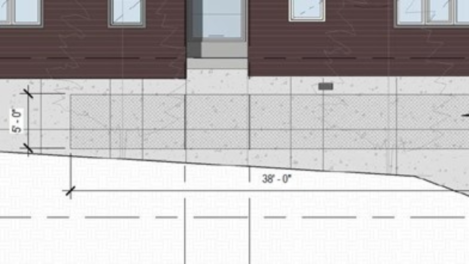 A sketch of a building exterior with windows and brown siding, below which is a wall labeled "5' - 0" x "38' - 0"