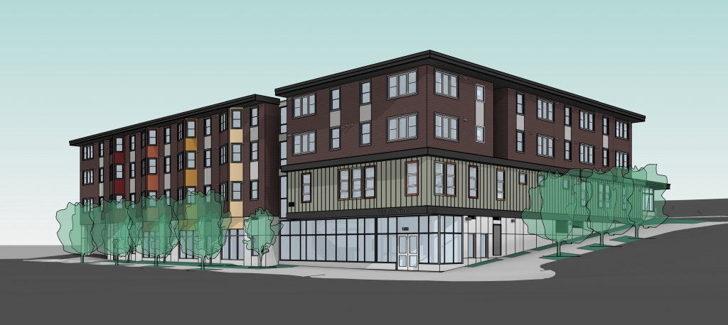 A rendering of an apartment building with a business space below one wing.