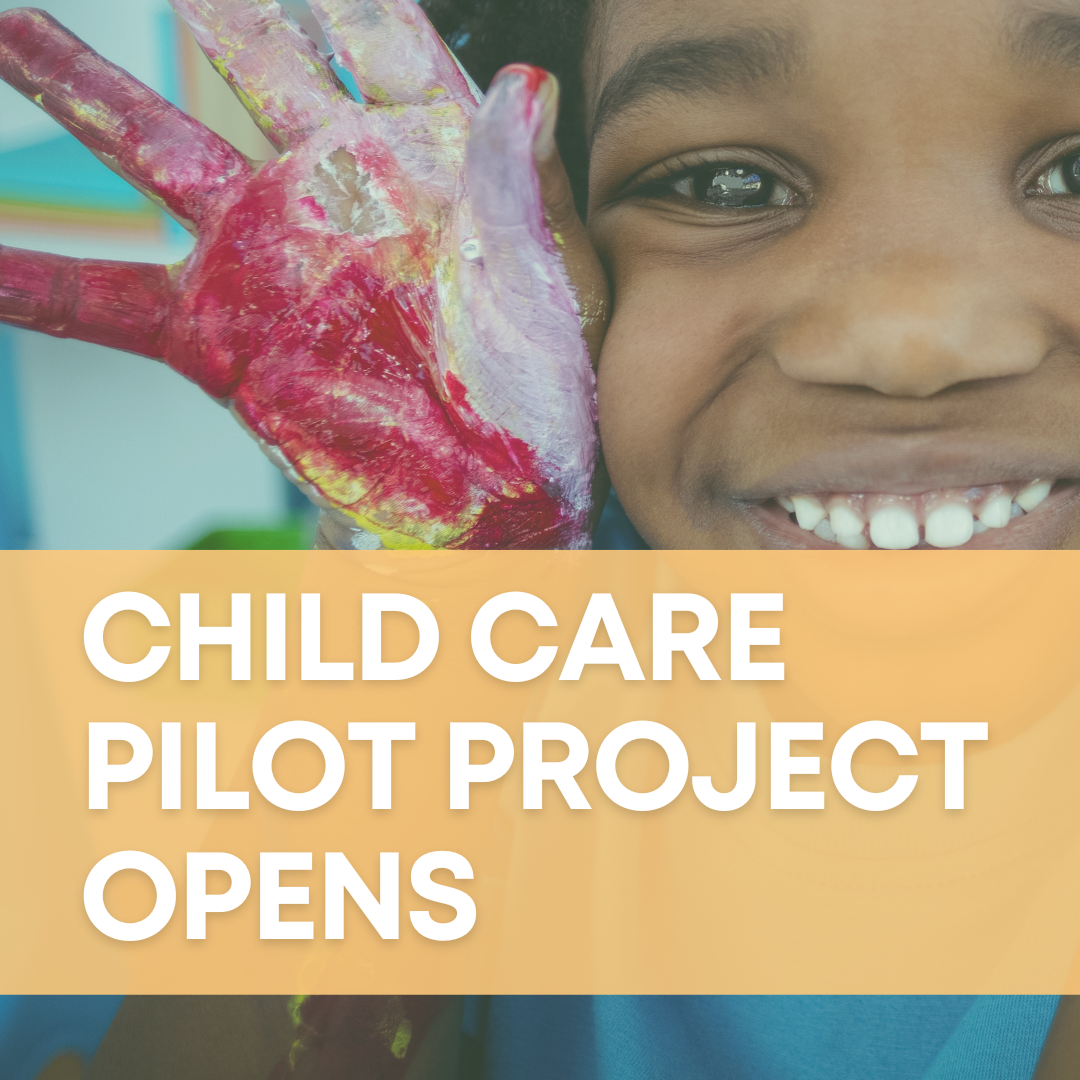 A cool-toned background image of a smiling kid, spreading his hand which is covered in paint, is overlaid with a peach-colored banner that says in white text, "Child care pilot project opens."