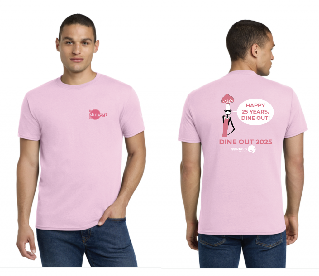 A front and back view of a pale pink t-shirt. On the front is a pink Dine Out for Maple Alley Inn logo. On the back is a cartoon picture of a man with a large mustache and pink chef's hat and apron. His speech bubble says "Happy 25 years, Dine Out!"