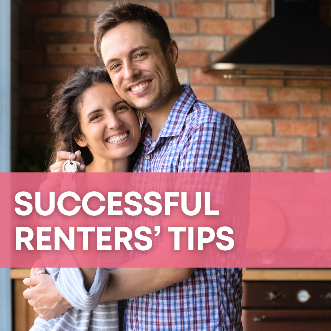 A picture of a happy couple in an apartment with a pink banner overlay that says "Successful Renters' Tips."