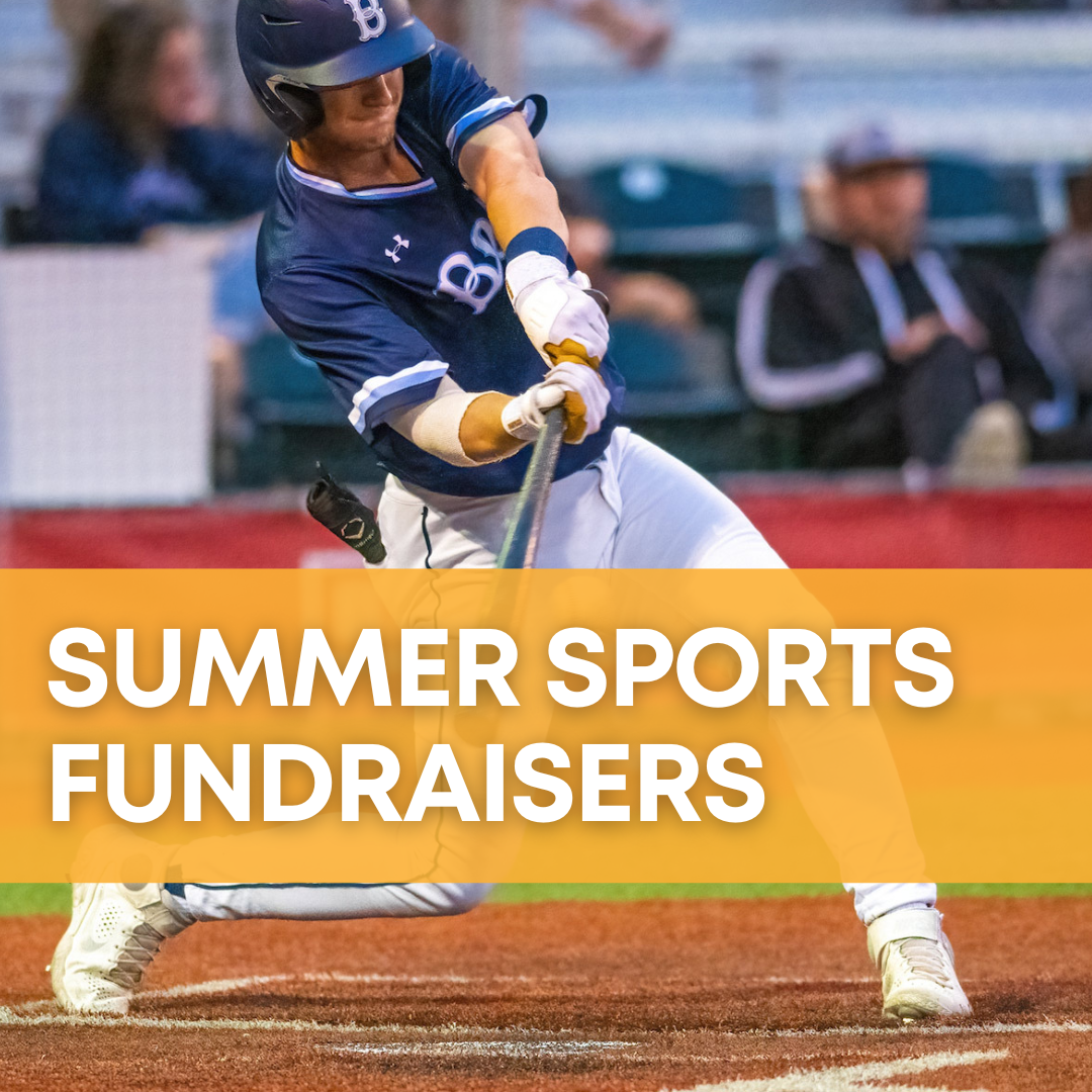 Batter for the Bellingham Bells mid-swing, with a yellow-orange banner over the photo that says "Summer Sports Fundraisers."