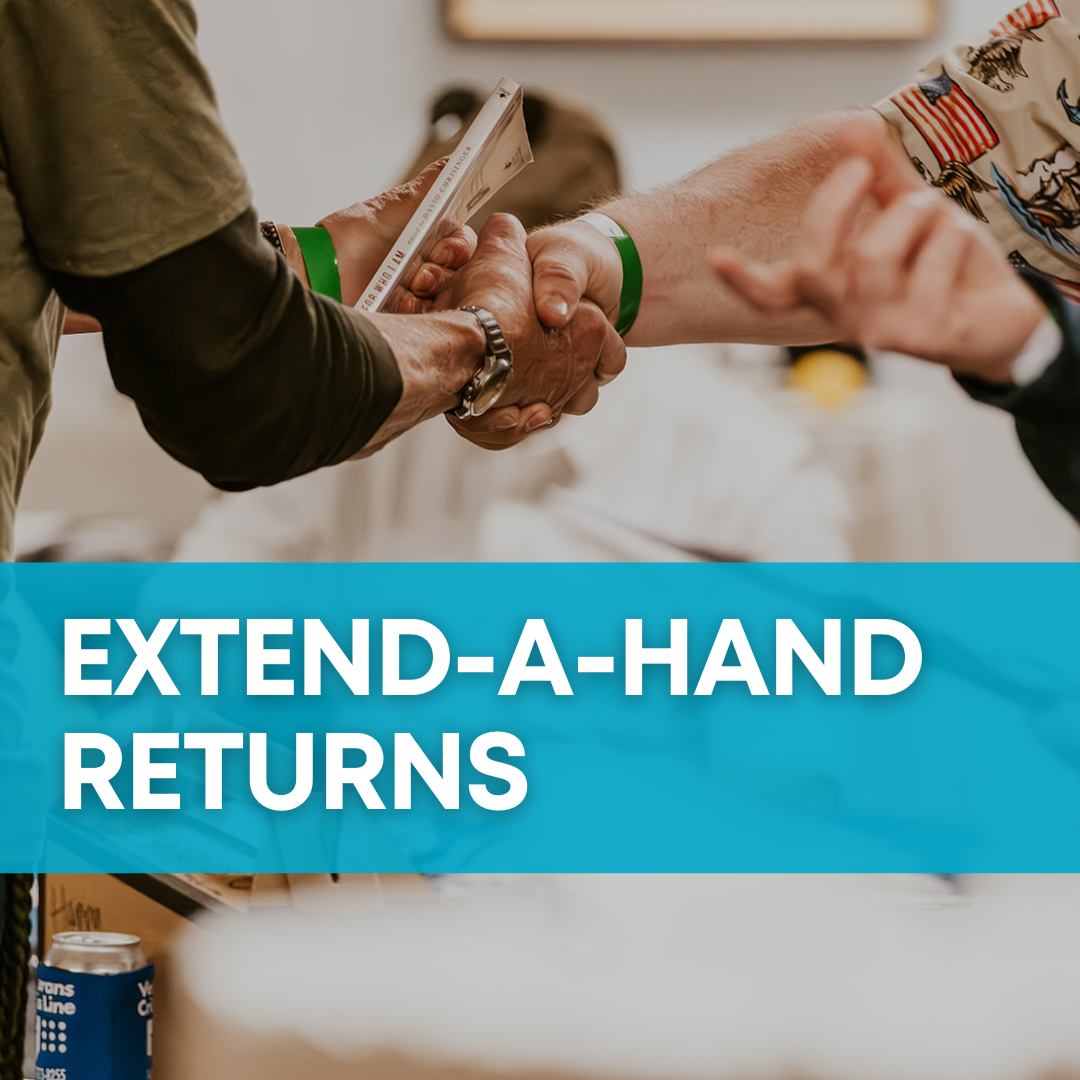 Background image: two people shake hands. Text: Extend-A-Hand returns