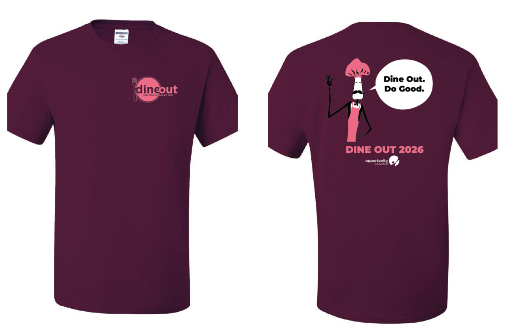 Maroon t-shirt design with logo on the front and graphic on the back