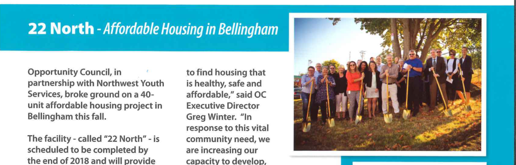 A news clipping titled "22 North: Affordable Housing in Bellingham"