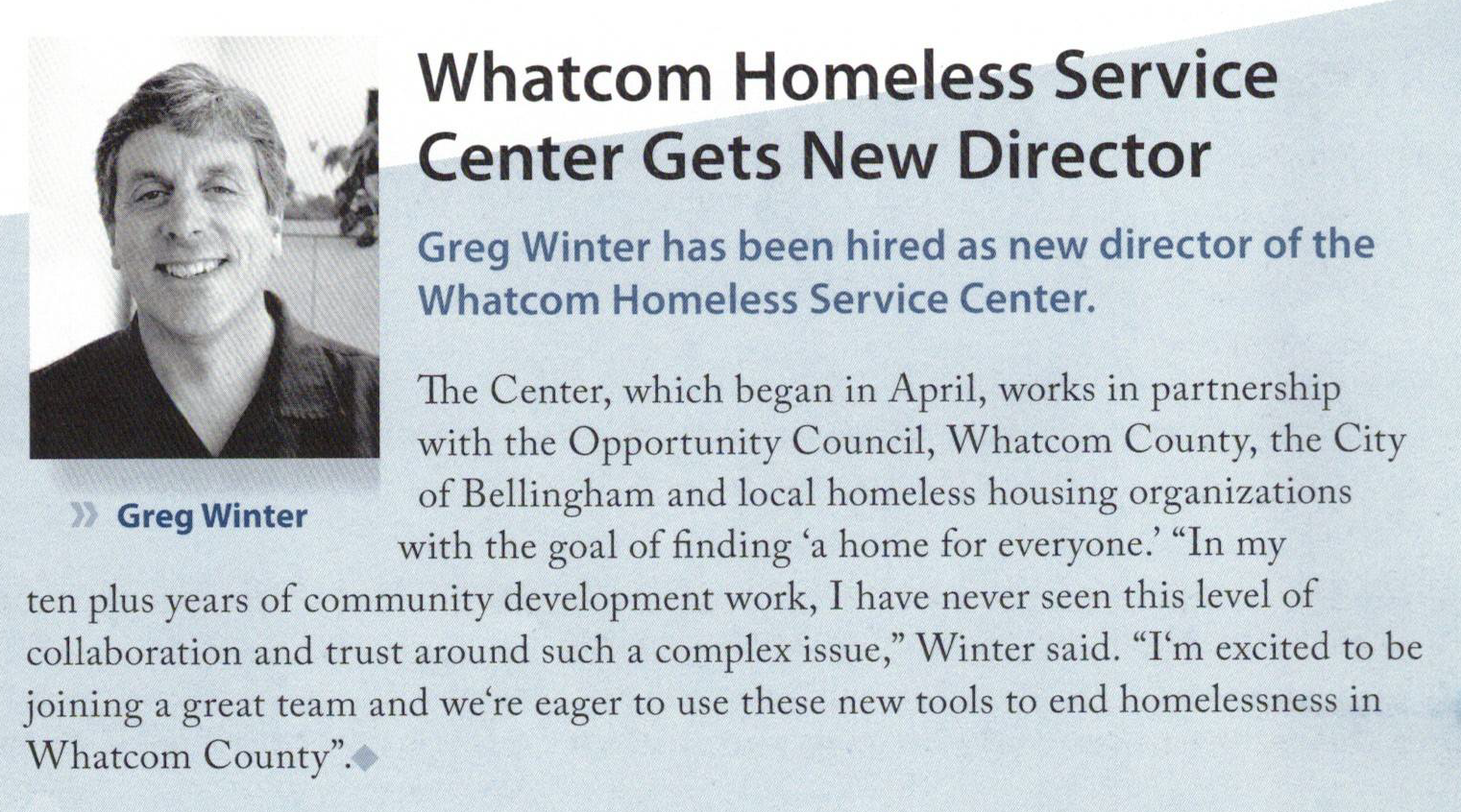 News clipping titled "Whatcom Homeless Service Center Gets New Director," with a thumbnail picture of Greg Winter