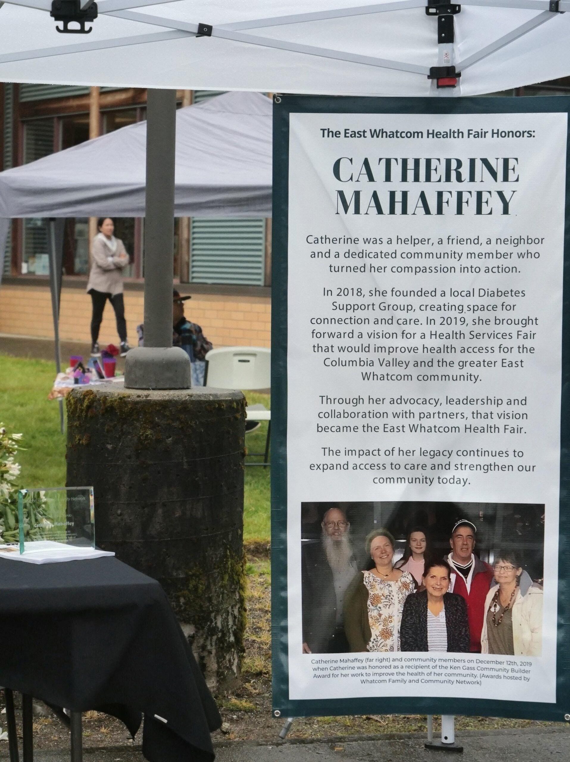 A sign titled "Catherine Mahaffey"